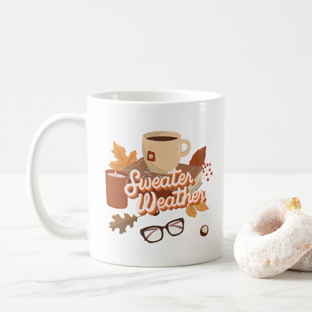 Cute Fall Look Sweater Weather Warmth Illustration Coffee Mug (With Donut)