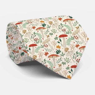 Cute Fall Mushrooms and Leaves Illustration Tie
