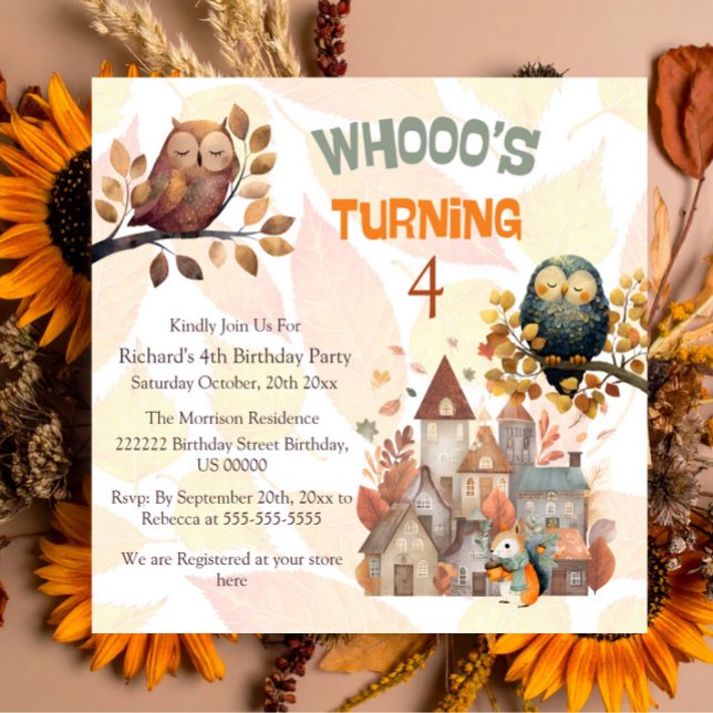 Cute Fall Owl/Squirrel Boy Birthday Invitation (Creator Uploaded)