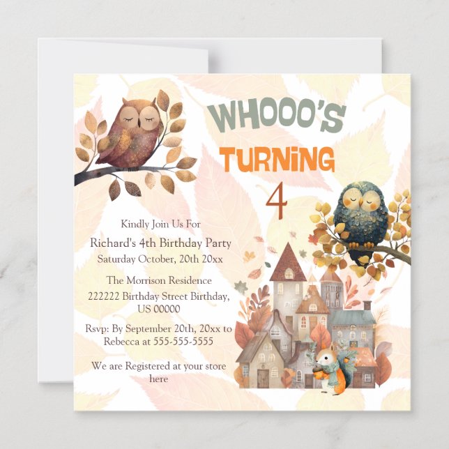 Cute Fall Owl/Squirrel Boy Birthday Invitation (Front)