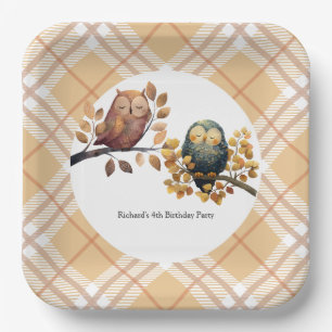 Cute Fall Owl & Squirrel Boy Birthday Paper Plate