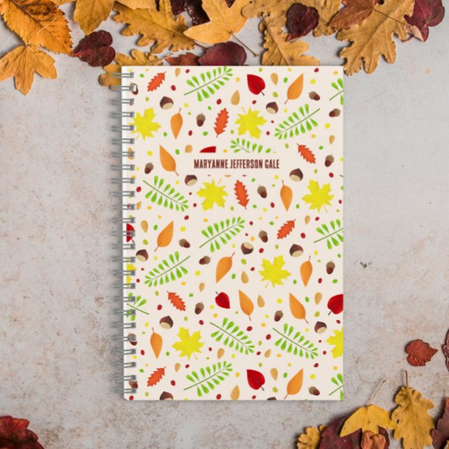 Cute fall pattern with colourful leaves and nuts notebook (Colorful fall leaves custom name notebook personalized with your name)