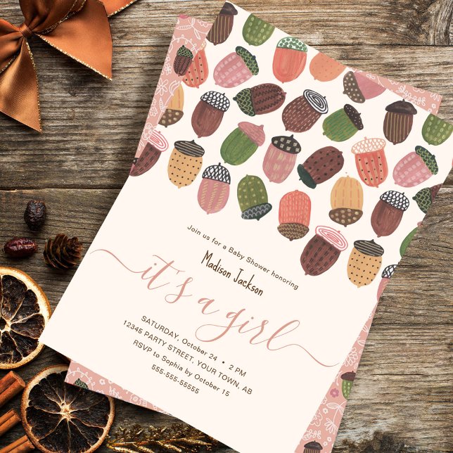 Cute Fall Pink Acorns girl Baby shower Party Invitation (Cute Fall Pink Acorns girl Baby shower Party Invitation)