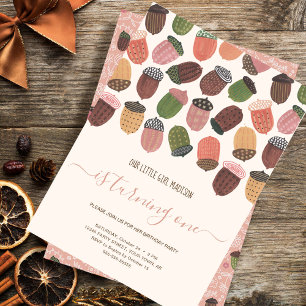 Cute Fall Pink Acorns girl First Birthday Party Invitation