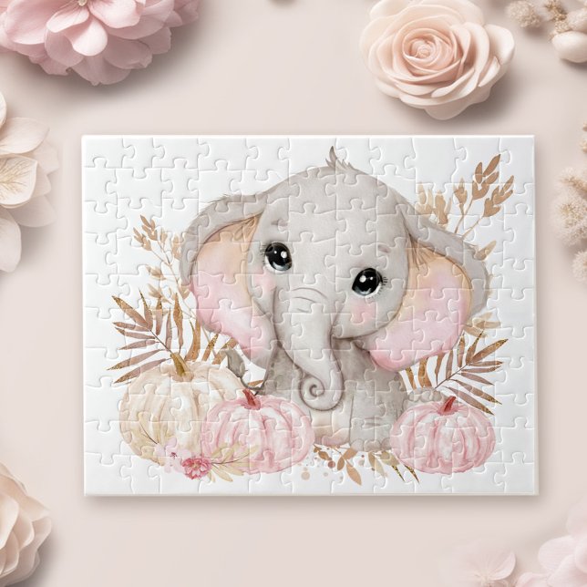 Cute Fall Pink Elephant And Pumpkins Jigsaw Puzzle (Cute Fall Pink Elephant And Pumpkins Jigsaw Puzzle)