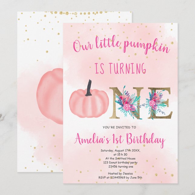 Cute fall Pink gold little pumpkin 1st birthday Invitation (Front/Back)