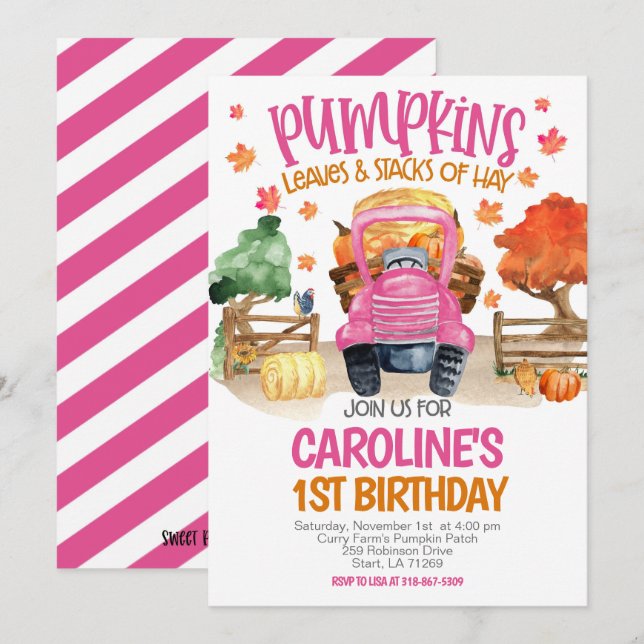 Cute Fall Pink Pumpkin Girls Birthday Invitation (Front/Back)