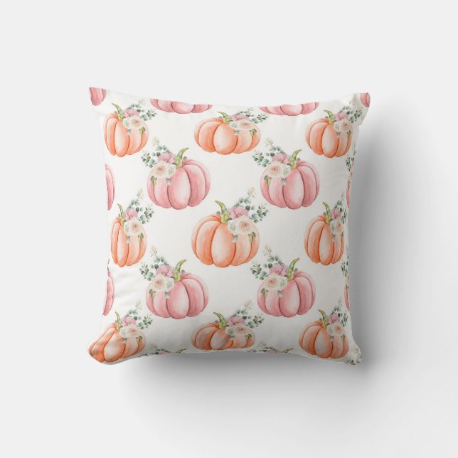 Cute Fall Pink Watercolor Pumpkin Pillow (Front)