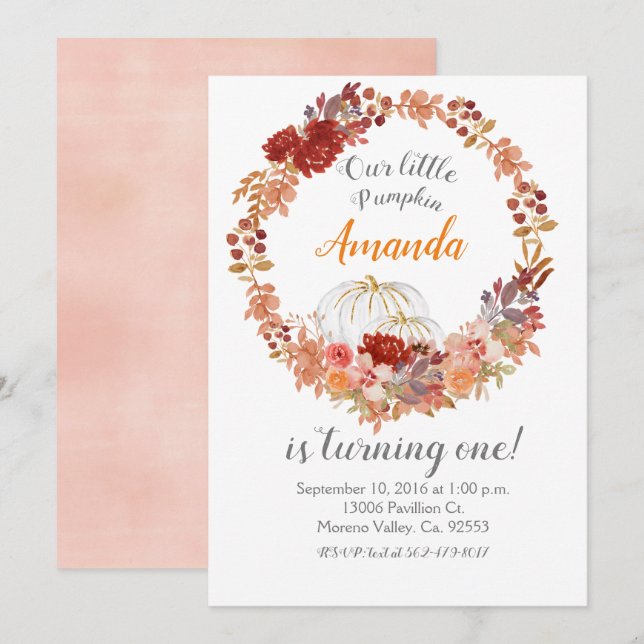 Cute Fall Pumpkin 1st birthday Invitation (Front/Back)
