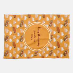 Cute Fall Pumpkin Pies Pattern Happy Thanksgiving  Tea Towel