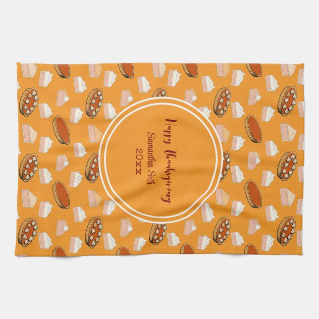Cute Fall Pumpkin Pies Pattern Happy Thanksgiving  Tea Towel (Horizontal)