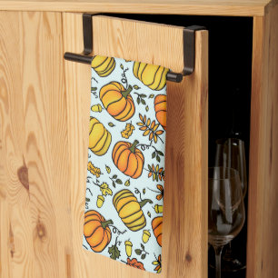 Cute Fall pumpkins boarder Happy Thanksgiving Tea Towel