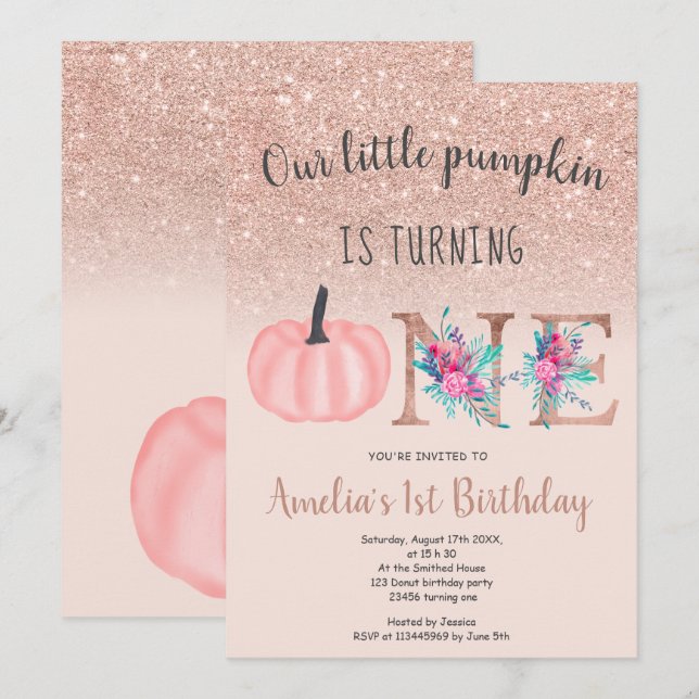 Cute fall rose gold little pumpkin 1st birthday invitation (Front/Back)