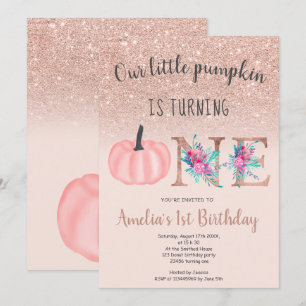 Cute fall rose gold little pumpkin 1st birthday invitation
