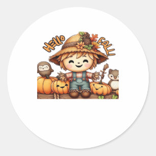 Cute Fall Scarecrow with Pumpkins Oversized T-Shir Classic Round Sticker