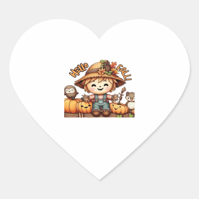 Cute Fall Scarecrow with Pumpkins Oversized T-Shir Heart Sticker (Front)