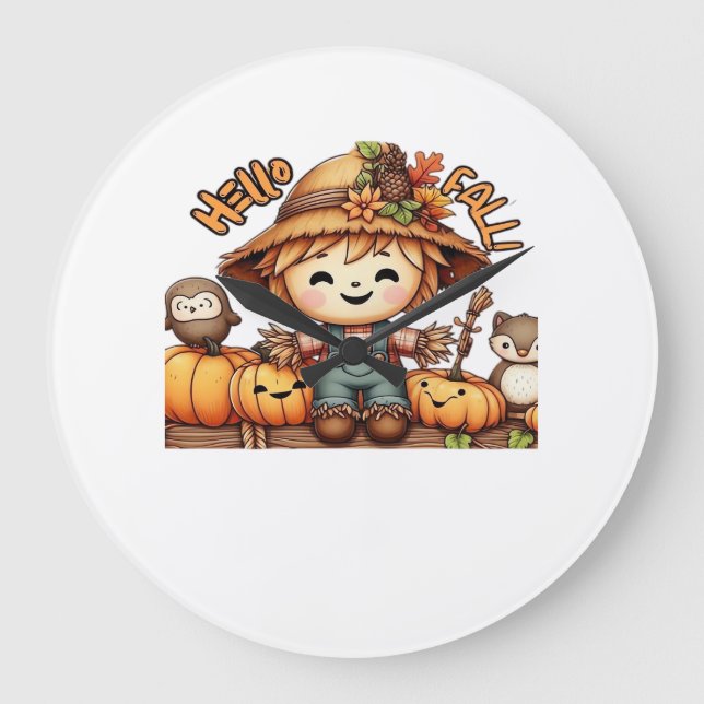 Cute Fall Scarecrow with Pumpkins Oversized T-Shir Large Clock (Front)