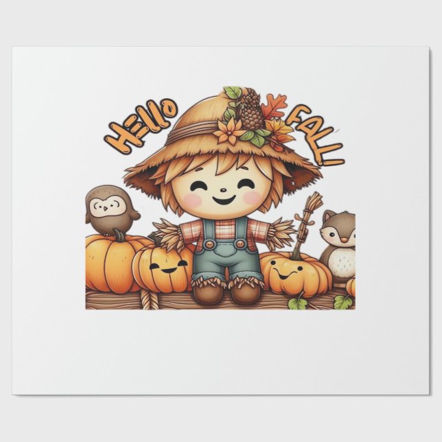 Cute Fall Scarecrow with Pumpkins Oversized T-Shir Wrapping Paper (Flat)