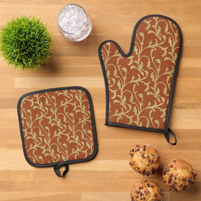 Cute Fall Seasonal pattern kitchen  Oven Mitt & Pot Holder Set (Top Down)