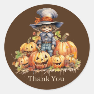 Cute Fall Seasonal scarecrow add text pumpkin  Classic Round Sticker