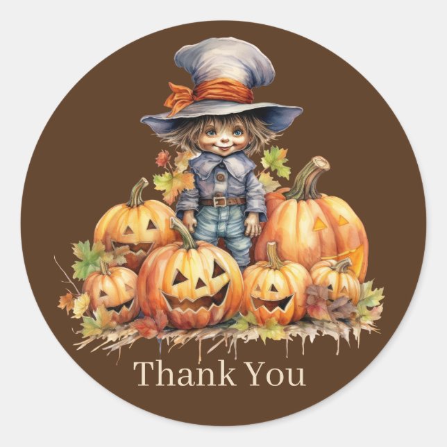 Cute Fall Seasonal scarecrow add text pumpkin  Classic Round Sticker (Front)