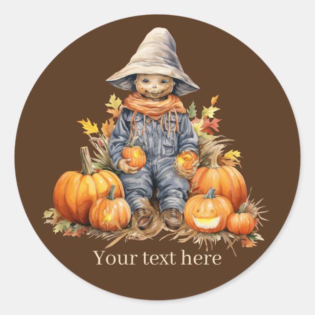 Cute Fall Seasonal scarecrow add text pumpkin Classic Round Sticker (Front)