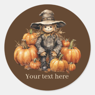 Cute Fall Seasonal scarecrow add text pumpkin  Classic Round Sticker
