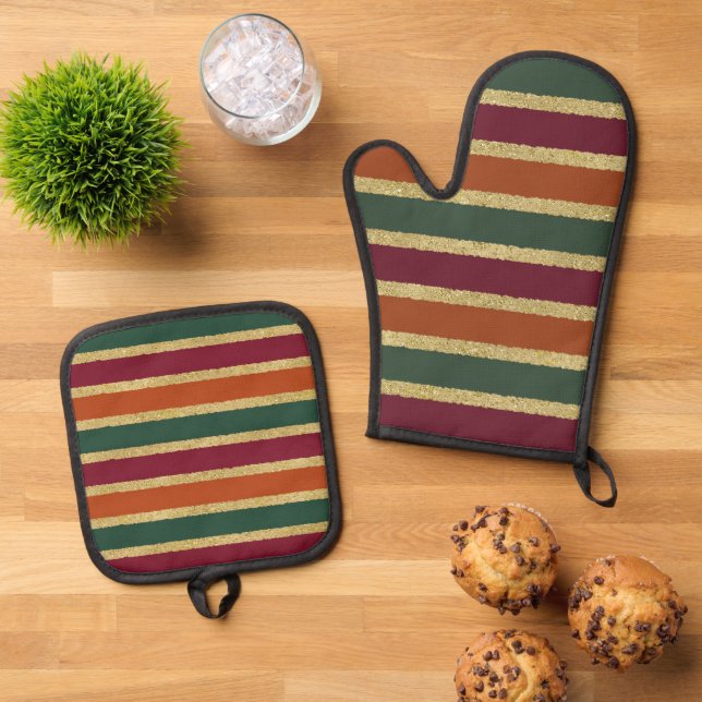 Cute Fall Seasonal stripe pattern kitchen Oven Mitt & Pot Holder Set (Top Down)