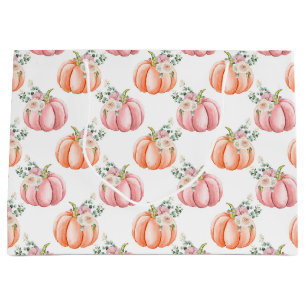 Cute Fall Soft Pink and Orange Floral Pumpkin Large Gift Bag