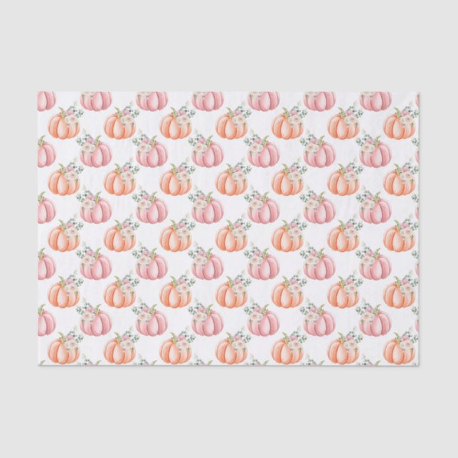 Cute Fall Soft Pink and Orange Floral Pumpkin Tissue Paper (Front)