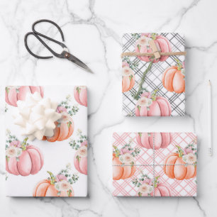 Cute Fall Soft Pink and Orange Floral Pumpkins Wrapping Paper Sheet