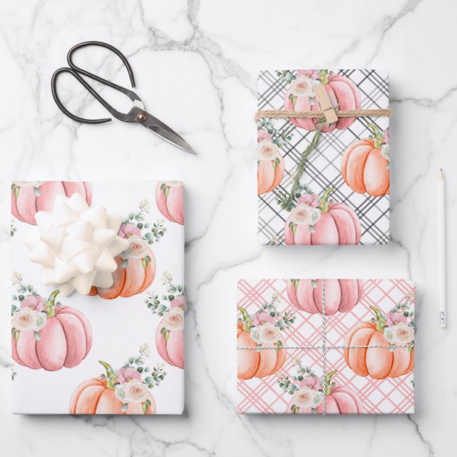 Cute Fall Soft Pink and Orange Floral Pumpkins Wrapping Paper Sheet (Front)