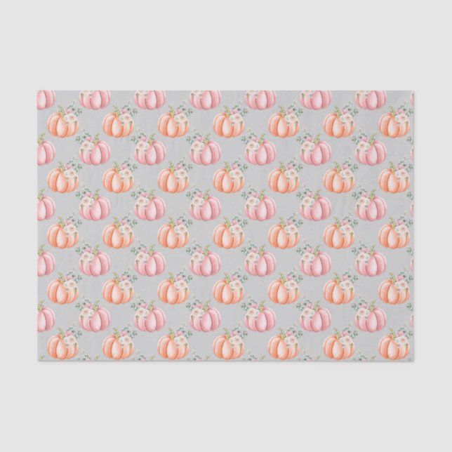 Cute Fall Soft Pink and Orange Grey Floral Pumpkin Tissue Paper (Front)