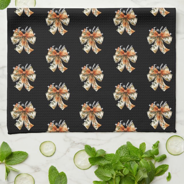 Cute Fall Themed Pattern | Simple Fall Black Tea Towel (Folded)