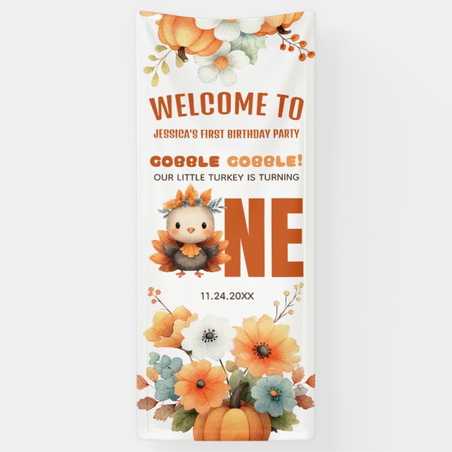 Cute Fall Turkey Thanksgiving 1st Birthday Welcome Banner (Vertical)