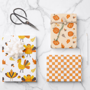 Cute Fall Turkeys and Pumpkins  Wrapping Paper Sheet