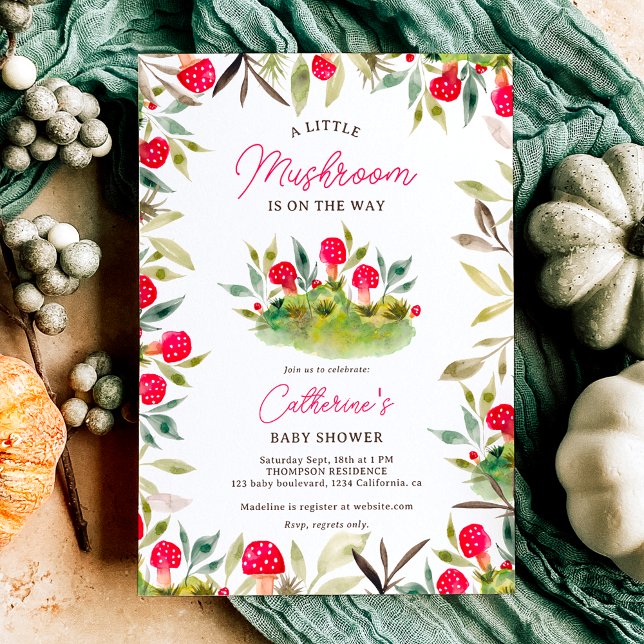 Cute fall watercolor little mushroom baby shower invitation (Cute fall hand painted watercolor little mushroom baby shower invitation)