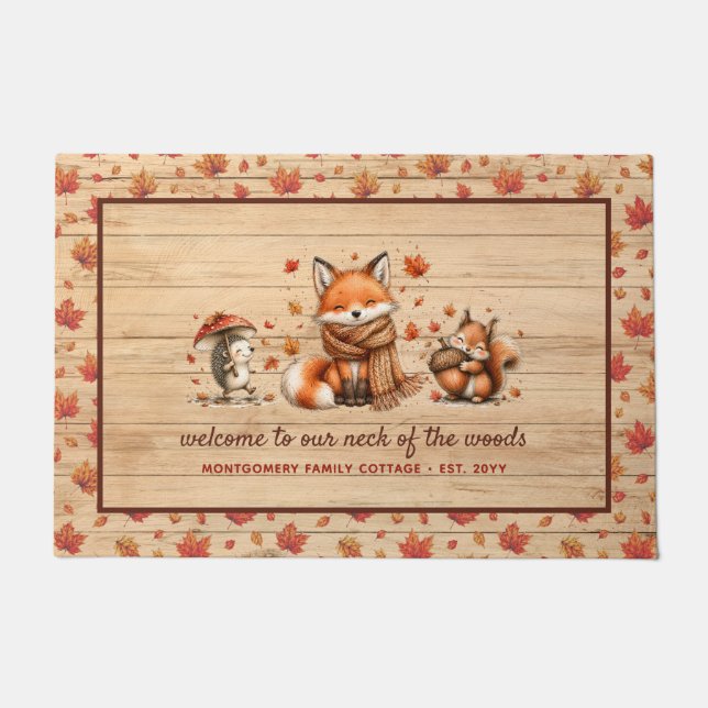 Cute Fall Woodland Animals Rustic Personalised Doormat (Front)