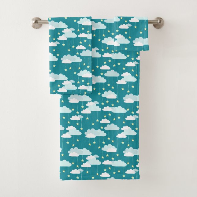 Cute Falling Stars & Clouds Pattern Bath Towel Set (Insitu)