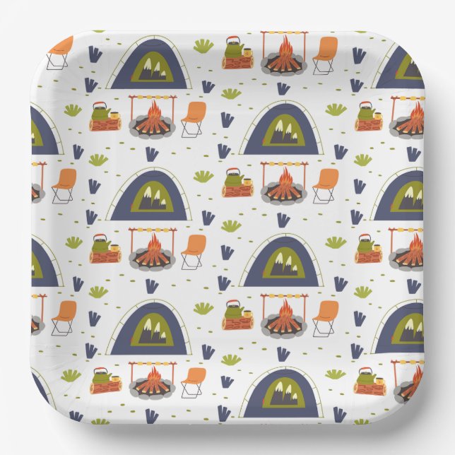 Cute family camping bonfire & tent grass square  paper plate (Front)