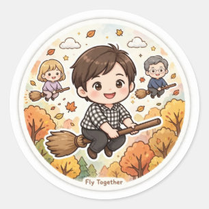 Cute Family Flying on Brooms Fall Classic Round Sticker
