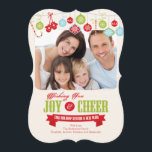 Cute Family Holiday Christmas Photo Card<br><div class="desc">Cute family christmas card featuring candy canes,  mittens,  retro ornaments with the holiday saying "Wishing you Joy & Cheer" in red & green typography. Flip our photo card over to view a coordinating red ornament back for an extra special touch.  Available in a modern bracket die cut shape.</div>