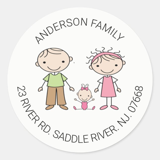 Cute Family of 3 Return Address Classic Round Sticker (Front)