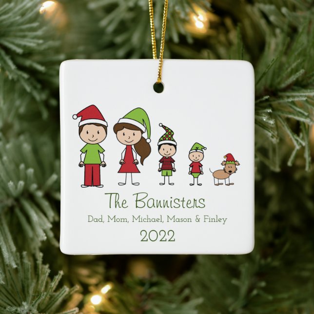 Cute Family of 4 with Pet Christmas Ornament (Tree)
