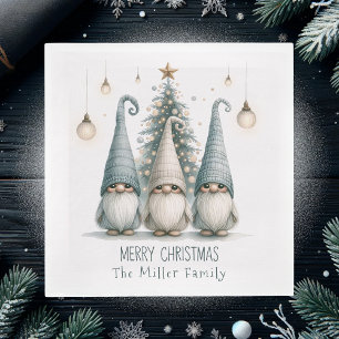 Cute Family of Gnomes At Christmas, Personalised Napkin