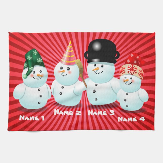 Cute Family Of Snowmen Customisable Cartoon Tea Towel (Horizontal)