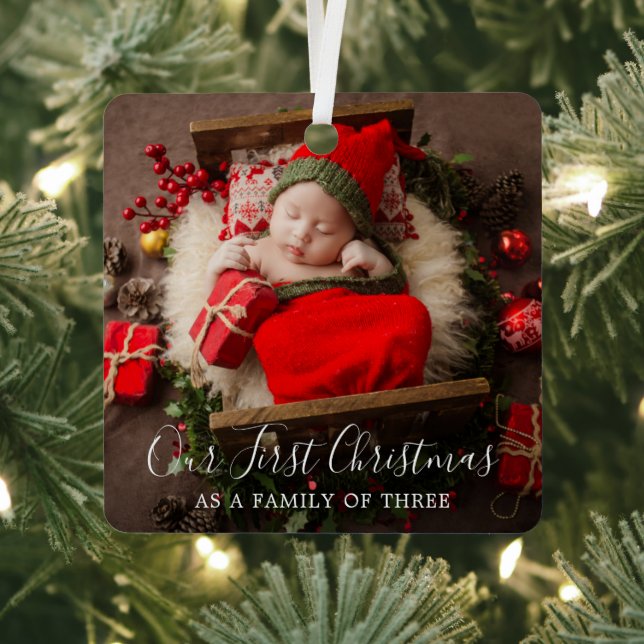 Cute Family of Three Elegant Photo First Christmas Metal Tree Decoration (Insitu)