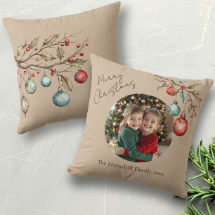 Cute Family Photo Beige Christmas Throw Pillow