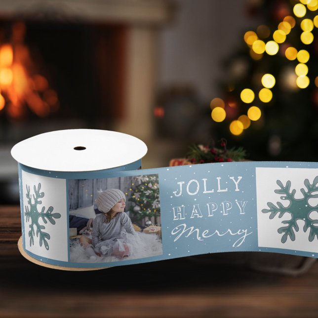 Cute Family Photo Blue Snowflake Christmas  Satin Ribbon (Creator Uploaded)