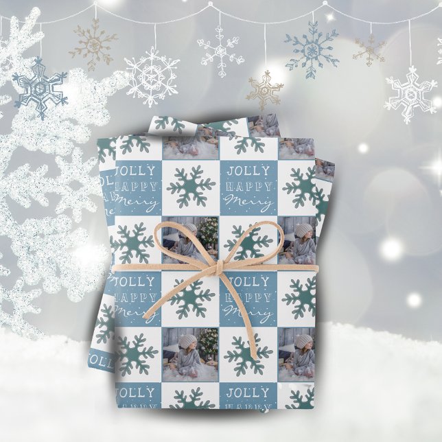 Cute Family Photo Blue Snowflake Christmas Wrapping Paper Sheet (Creator Uploaded)